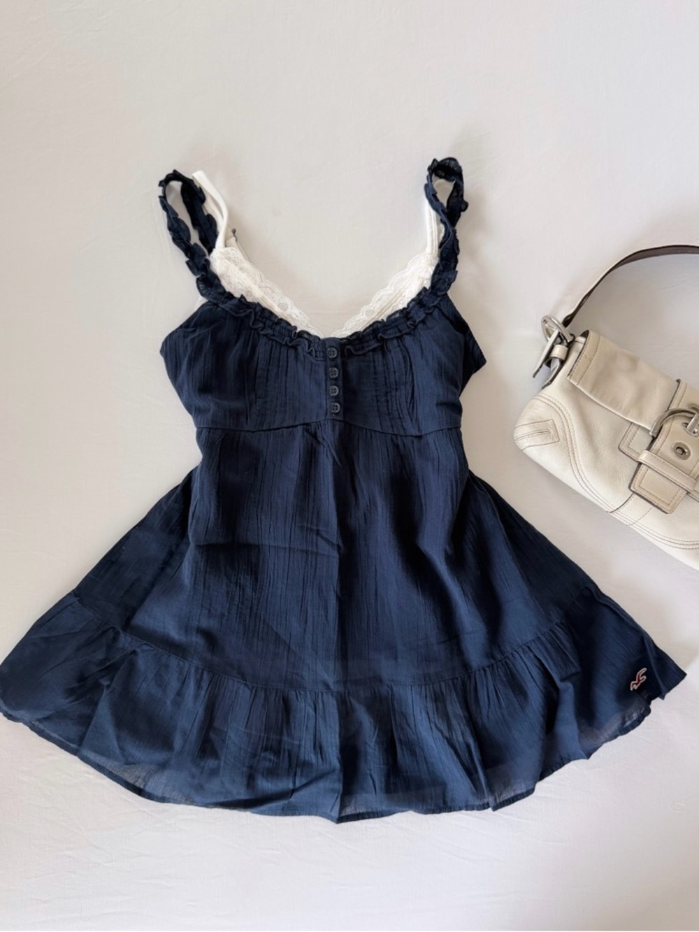 Navy Babydoll Top – Lace Trim, Soft Girl Vintage Inspired”